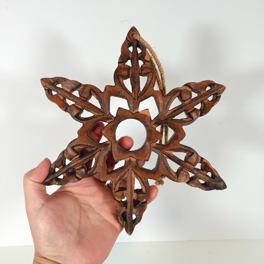 Hand Carved Wooden Star / snowflake Ornament Rustic Boho Decor